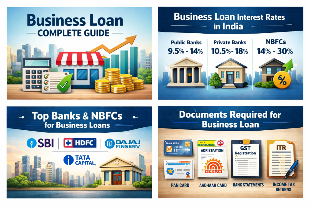 Business loan complete guide in India explaining interest rates, eligibility and loan process for small businesses